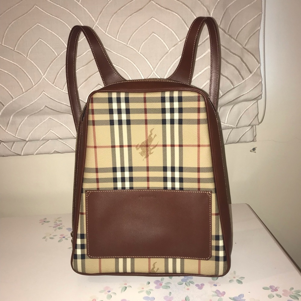 Burberry Haymarket Check + Brown Leather Backpack